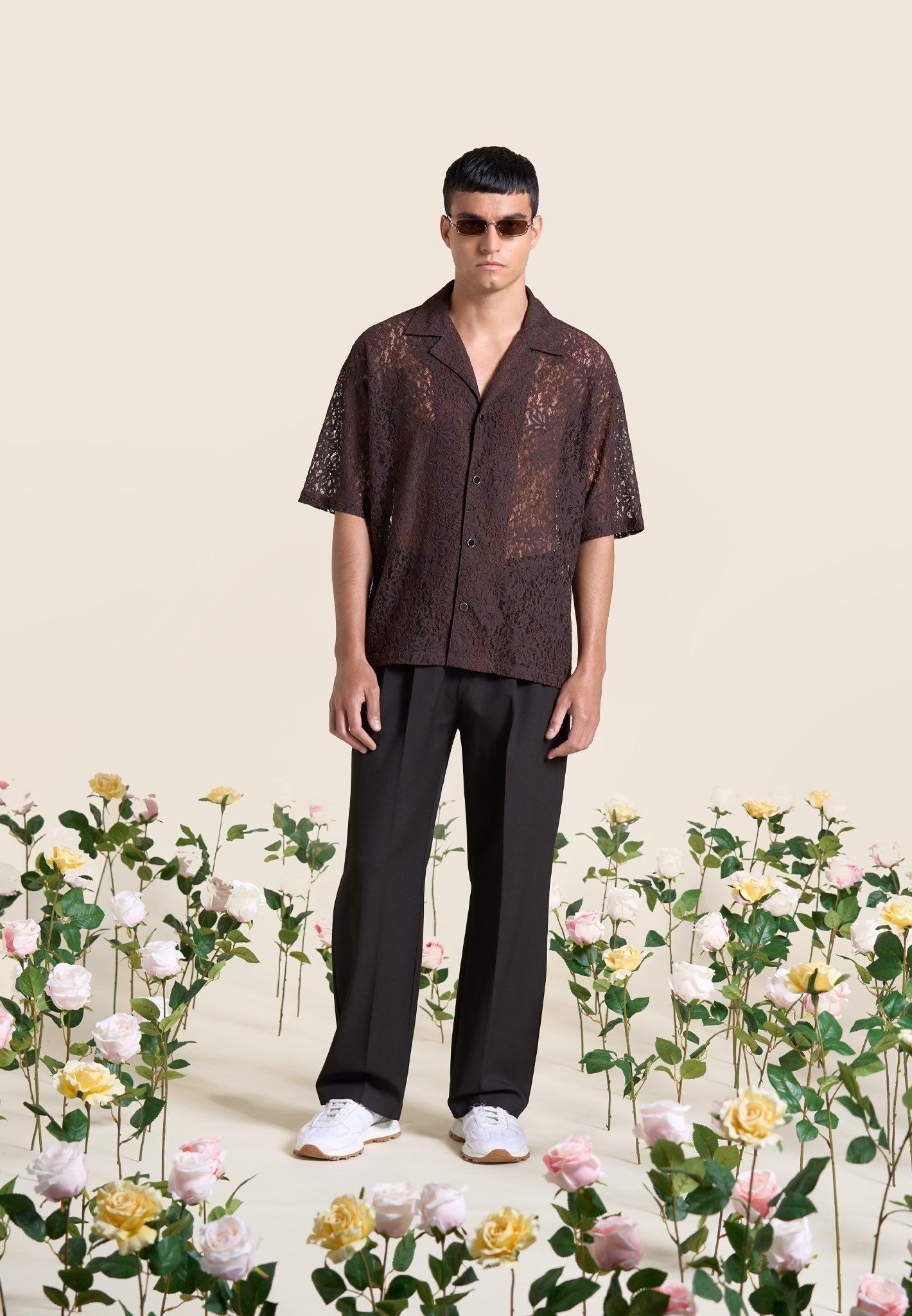 Boxy Lace Revere Shirt - Brown Male Product Image