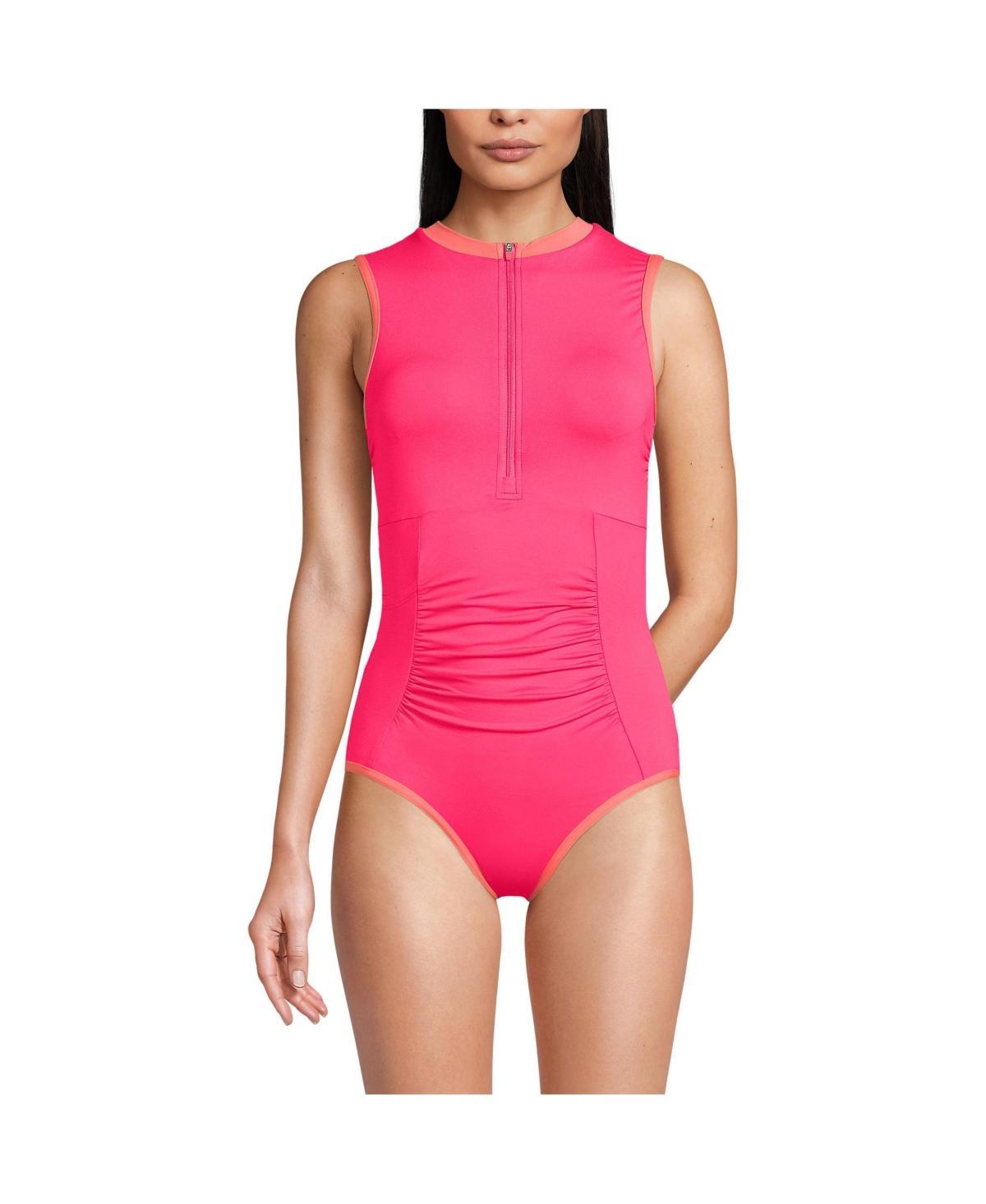 Lands End Womens High Neck Zip Front One Piece Swimsuit with Pockets - Electric blue Product Image