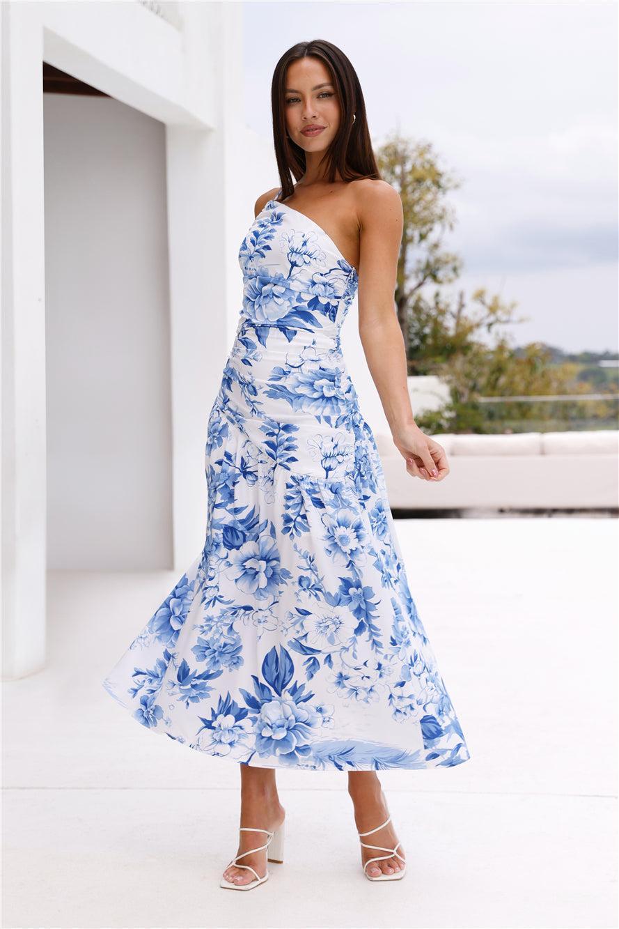 Fleur Enchantée One Shoulder Midi Dress Blue Product Image