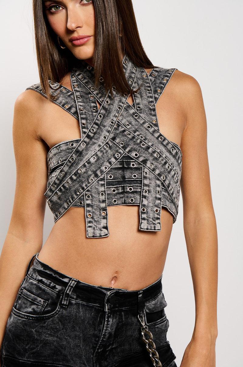 DONITA DENIM HALTER NECK CROP TOP Product Image