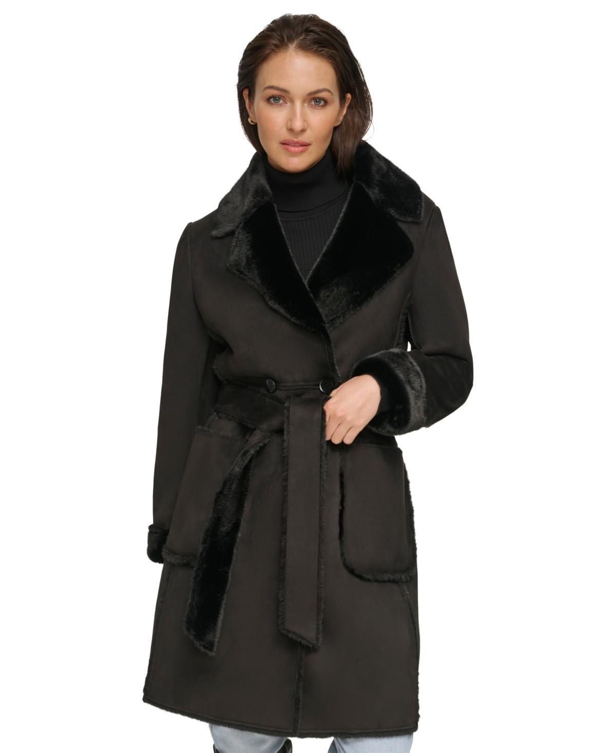 Dkny Womens Belted Notched-Collar Faux-Shearling Coat, Created for Macys Product Image