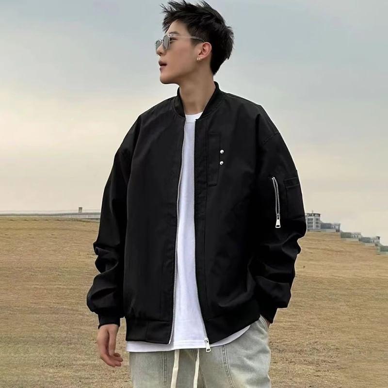 Plain Zip Bomber Jacket Product Image