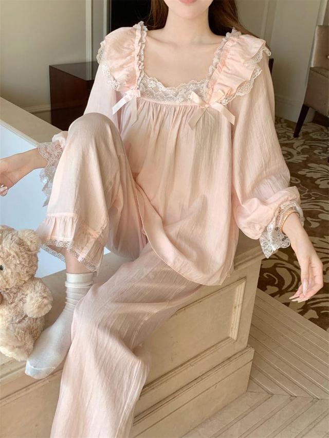 Pajama Set: Long-Sleeve Lace Ruffle Bow Shirt + Pants Product Image