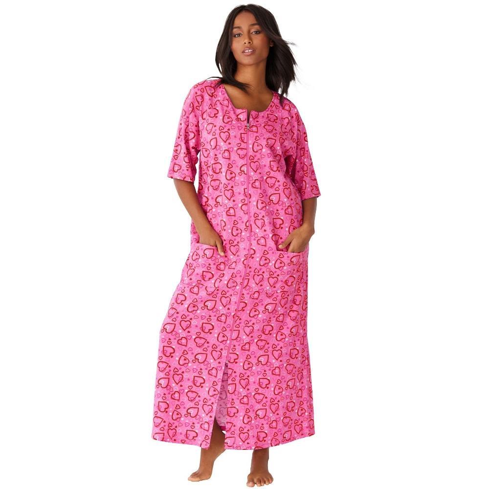 Dreams & Co. Women's Plus Size Long French Terry Zip-Front Robe - 3X, Pink Hearts Product Image