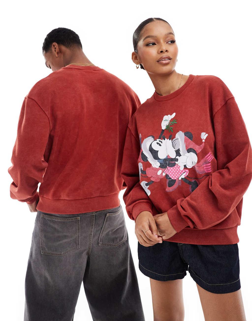 ASOS DESIGN Disney Christmas boxy oversized sweatshirt with Mickey Mouse & Minnie Mouse print in burgundy Product Image