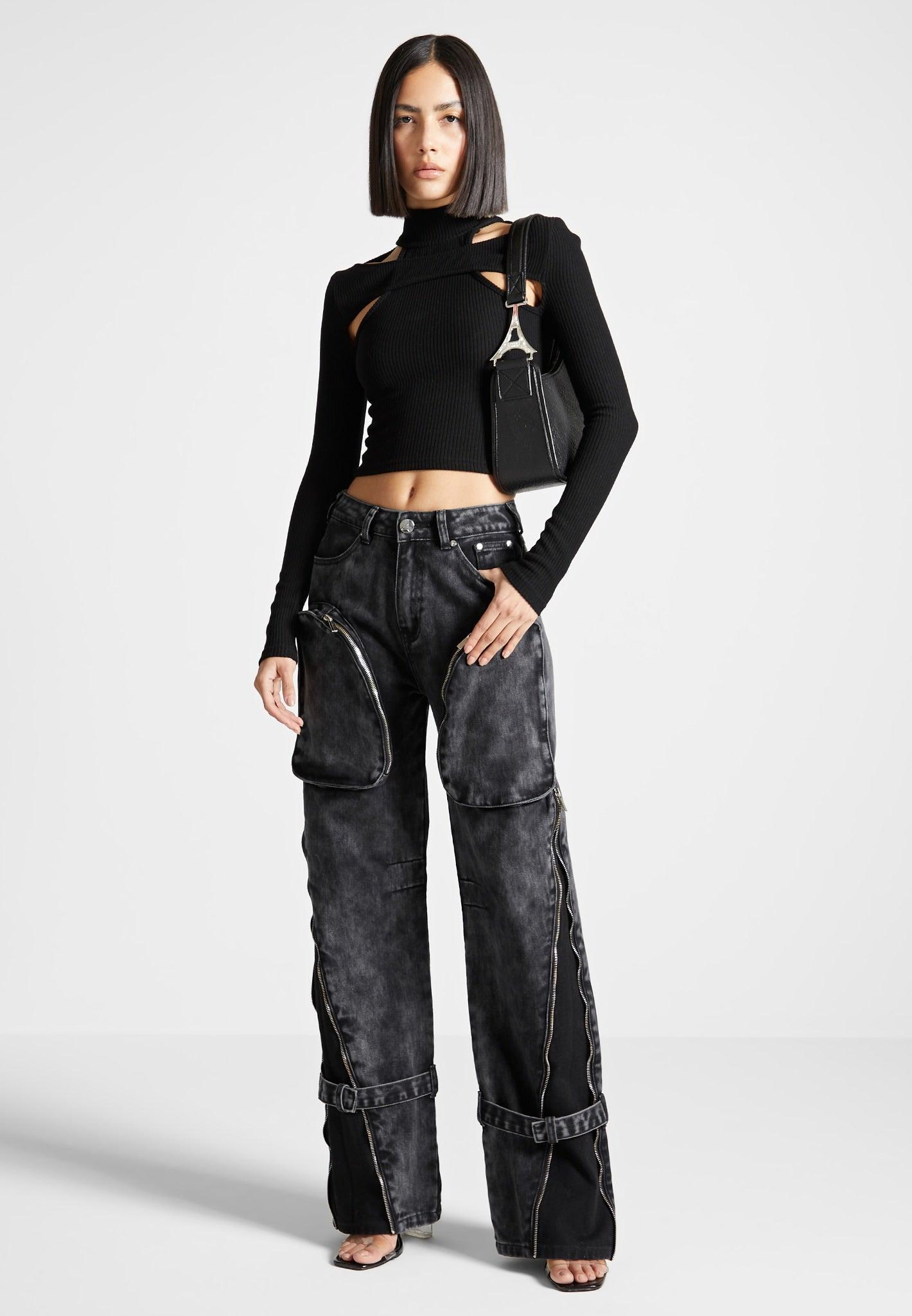 Zip Detail Denim Cargo Pants - Washed Black Female Product Image