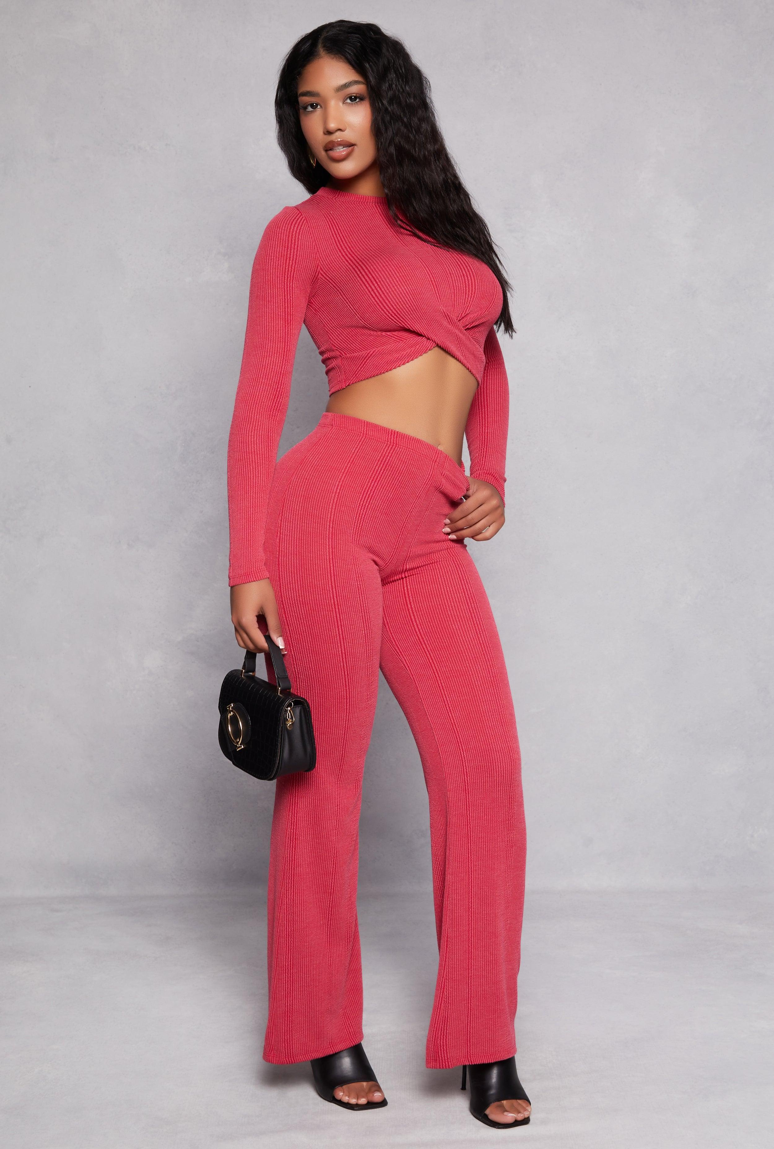 Womens Ribbed Knit Wide Leg High Waist Pants Product Image