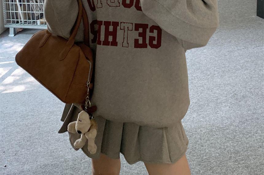 Set: Crewneck Lettering Pullover + Mini Pleated Skirt Product Image