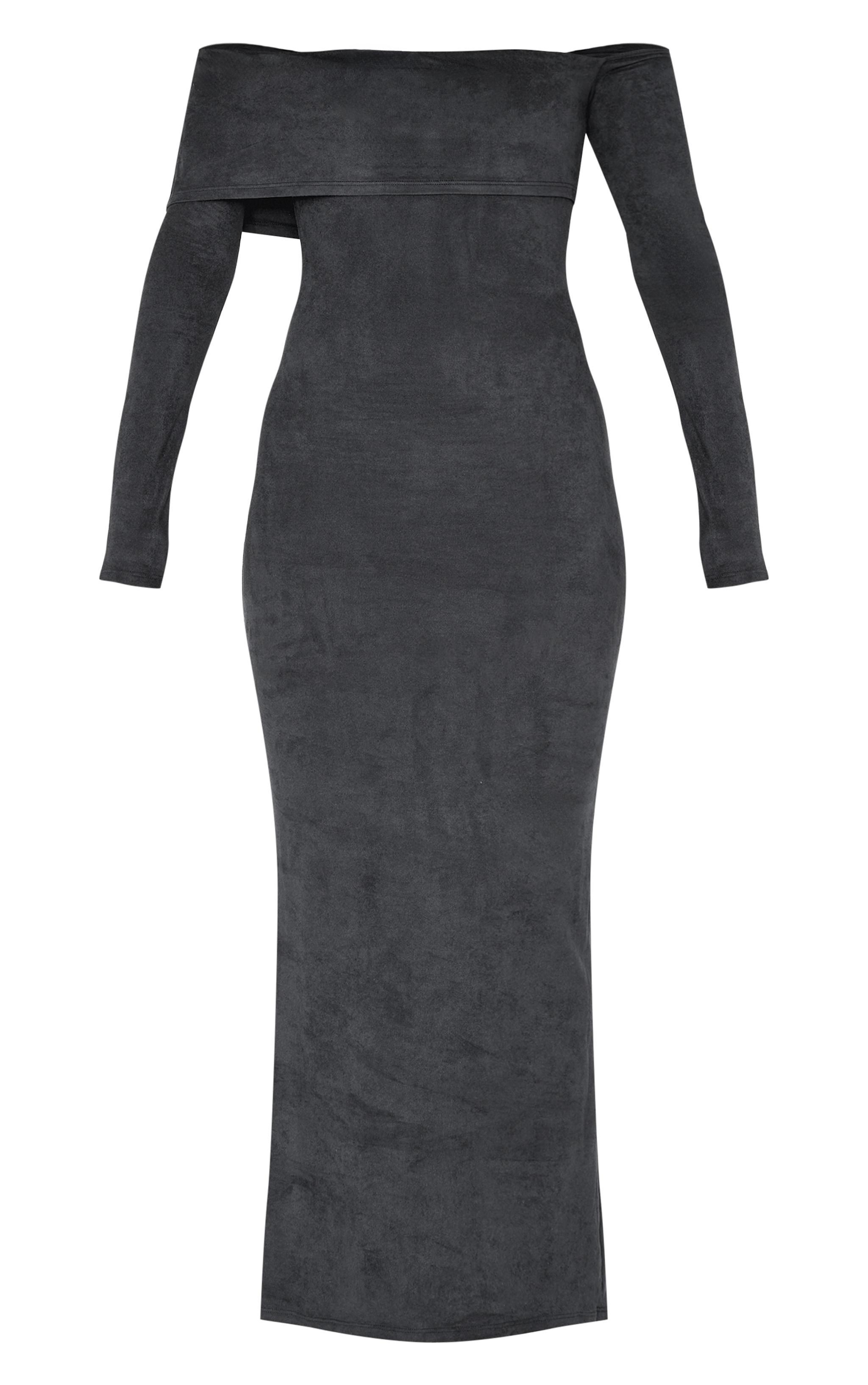 Black Faux Suede Bardot Long Sleeve Maxi Dress Product Image