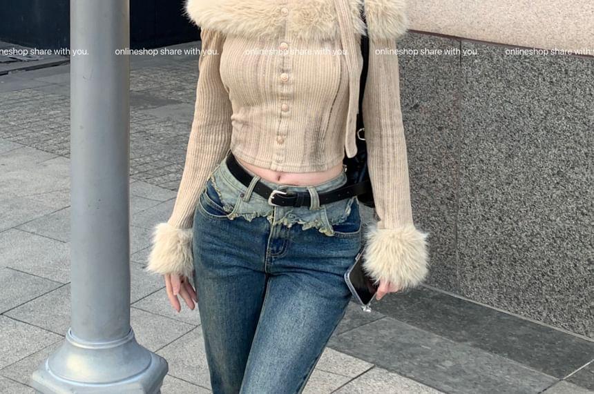 Long-Sleeve Halter Neck Off-Shoulder Tie Dye Button Accent Fluffy Trim Crop Top Product Image