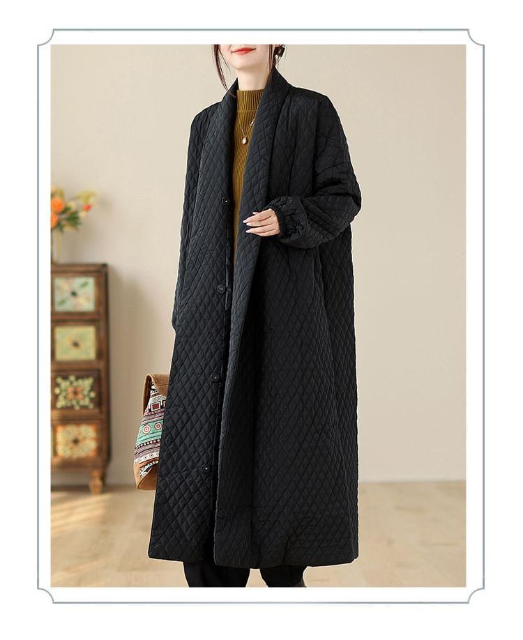 Plain Quilted Button-Up Long Coat Product Image