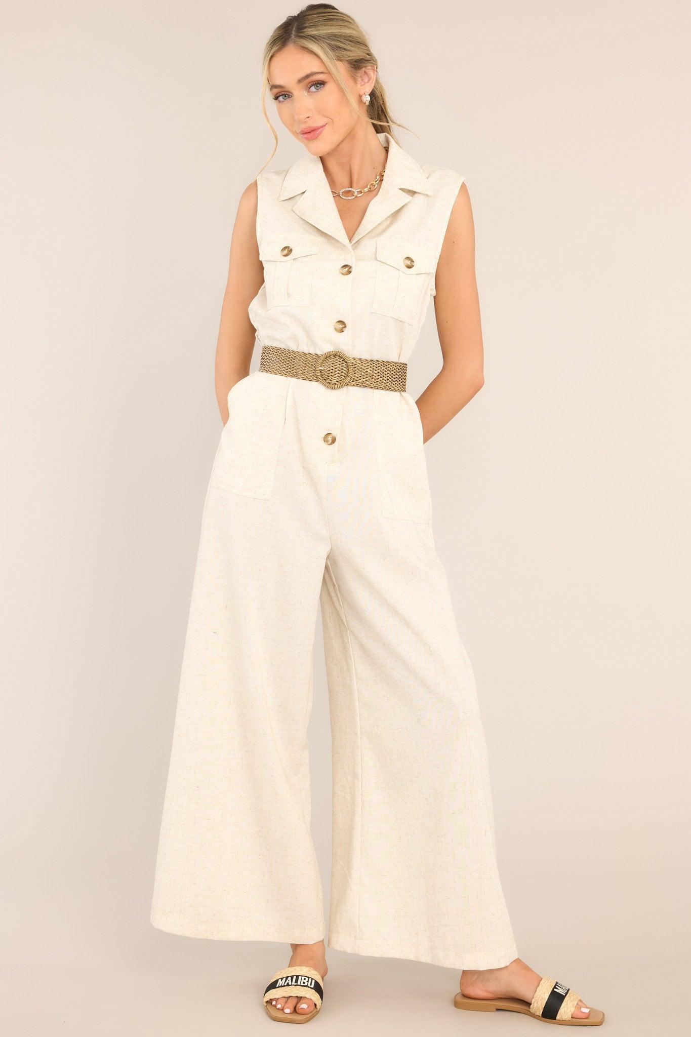 World View Oatmeal Belted Jumpsuit Beige Product Image