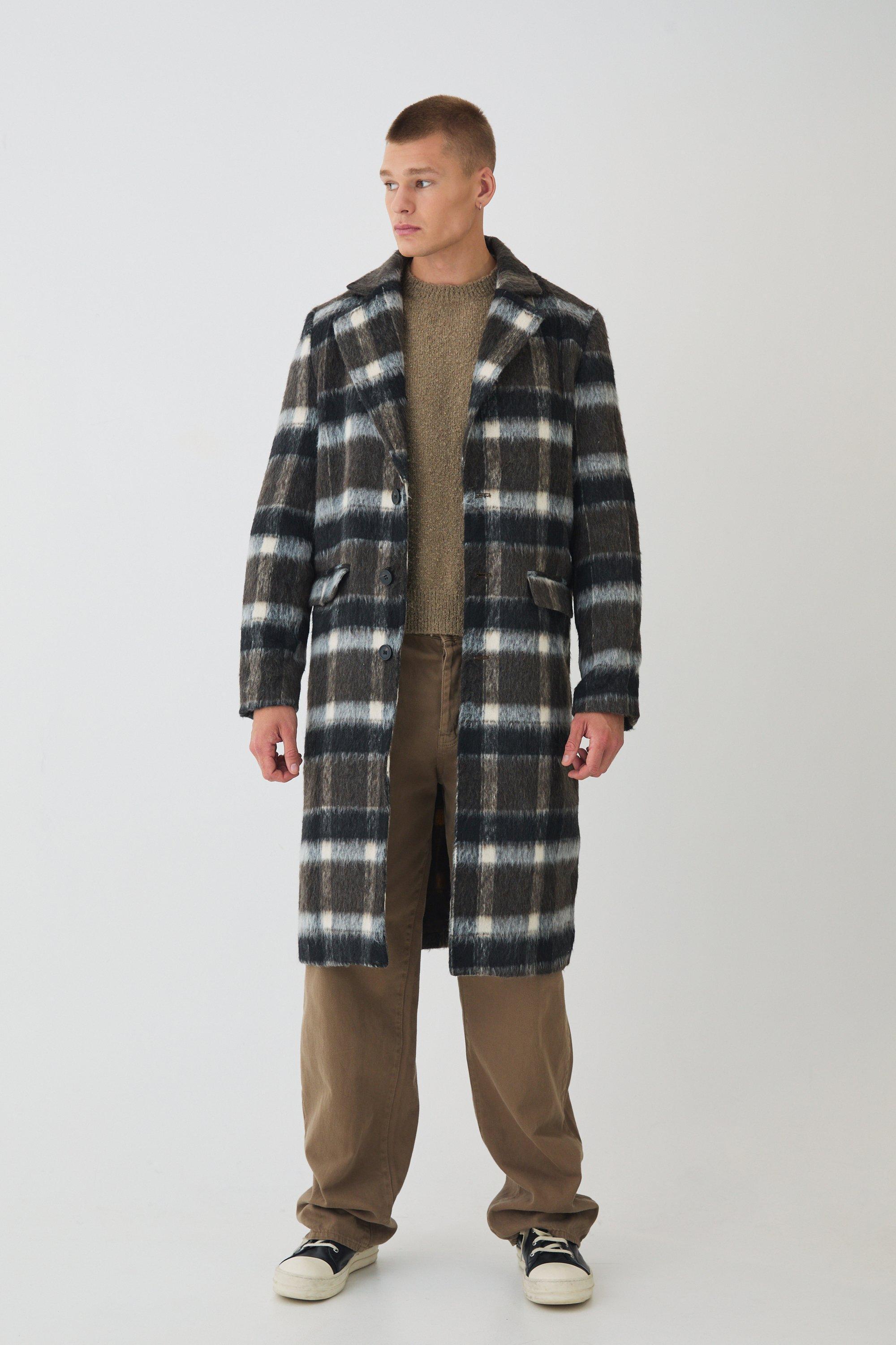 Brushed Plaid Overcoat In Brown | boohooMAN USA Product Image