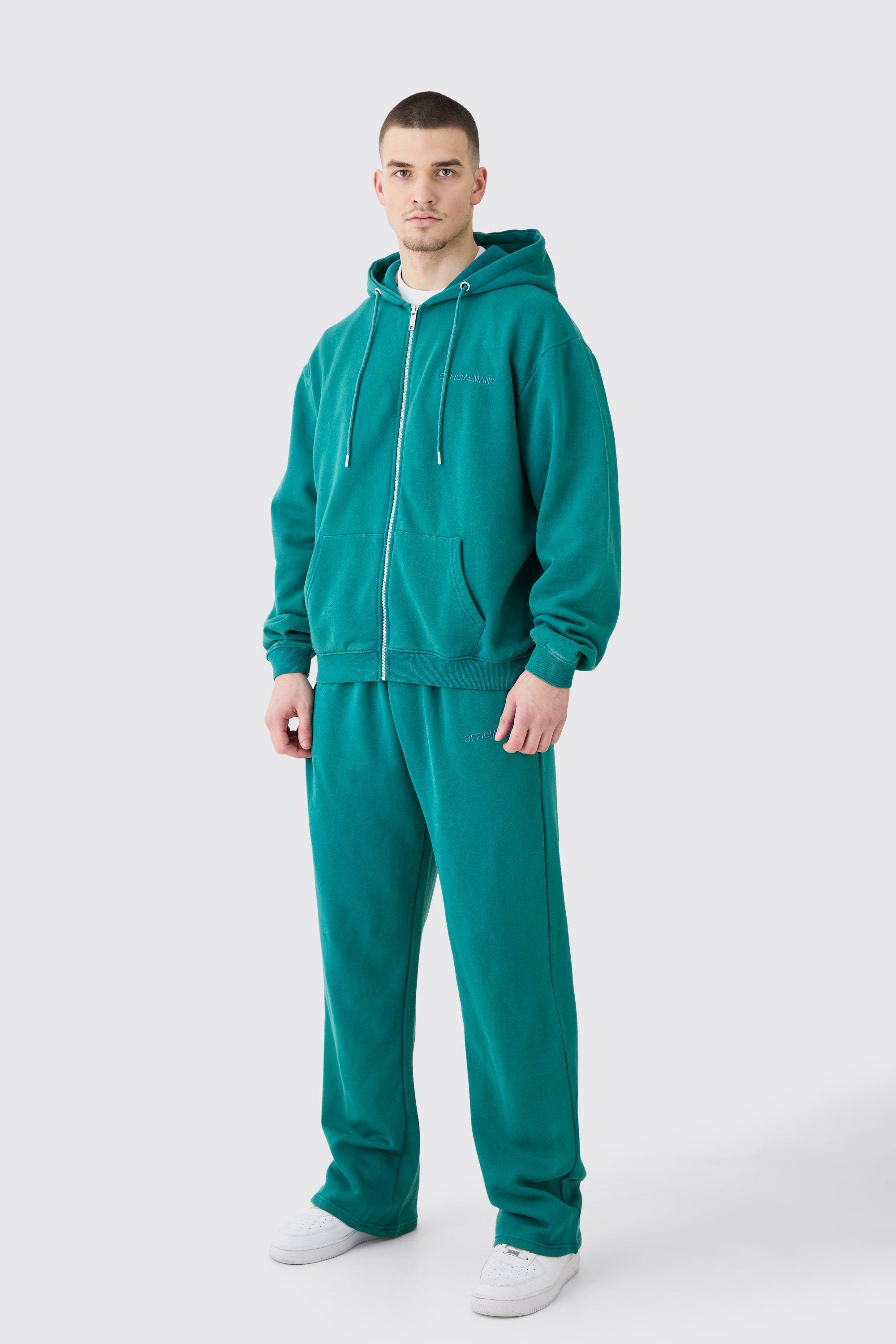 Mens Green Tall Oversized Official Boxy Zip Hooded Laundered Wash Tracksuit, Green Product Image