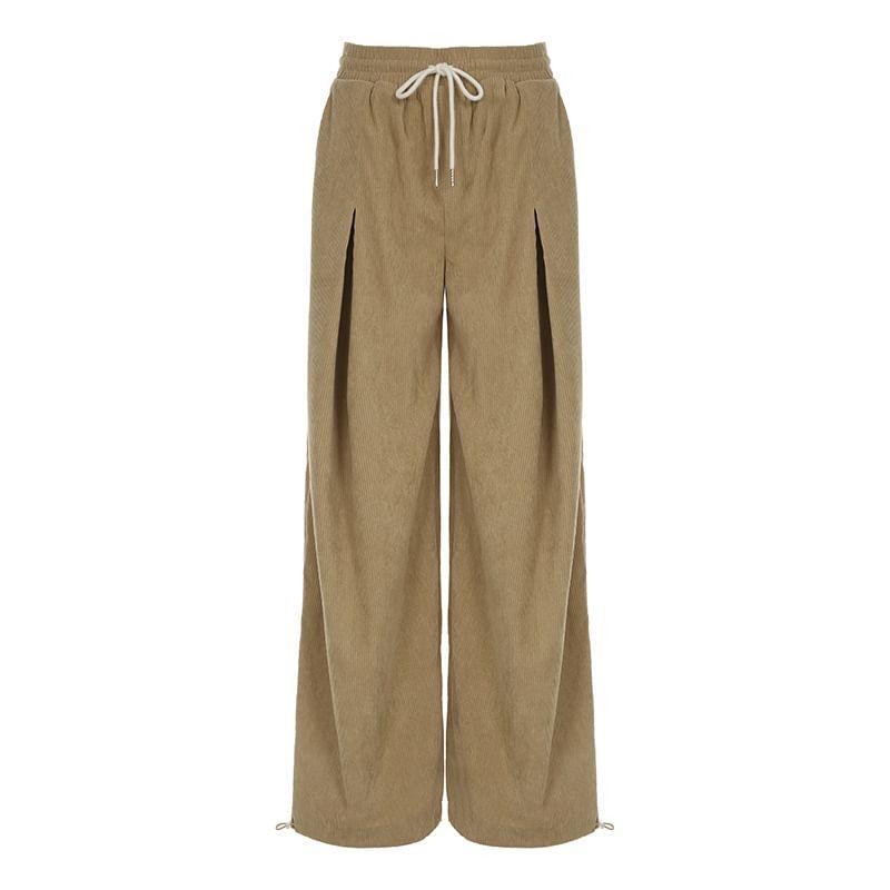 Set: Drawstring Plain Oversized Hoodie + Mid Waist Plain Wide Leg Pants Product Image