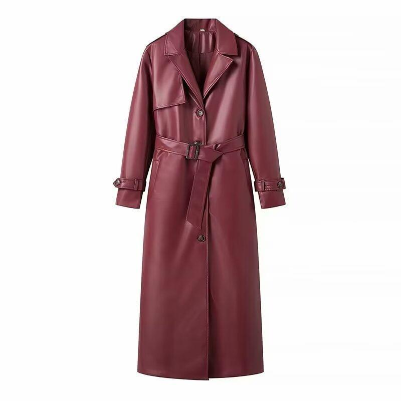 Lapel Collar Plain Faux Leather Midi Single-Breasted Trench Coat Product Image