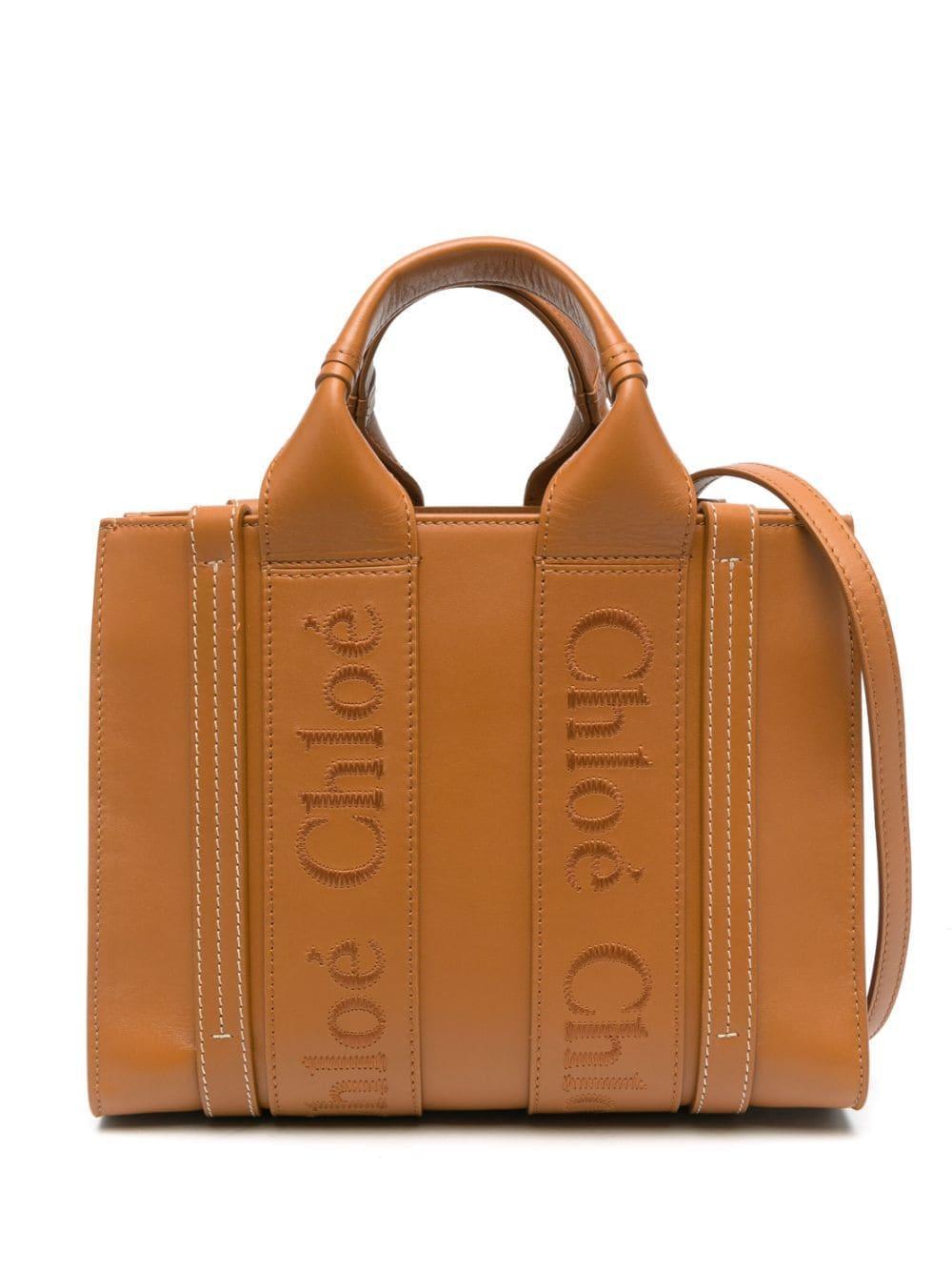 Woody Midi Leather Tote Bag In Cammello Product Image