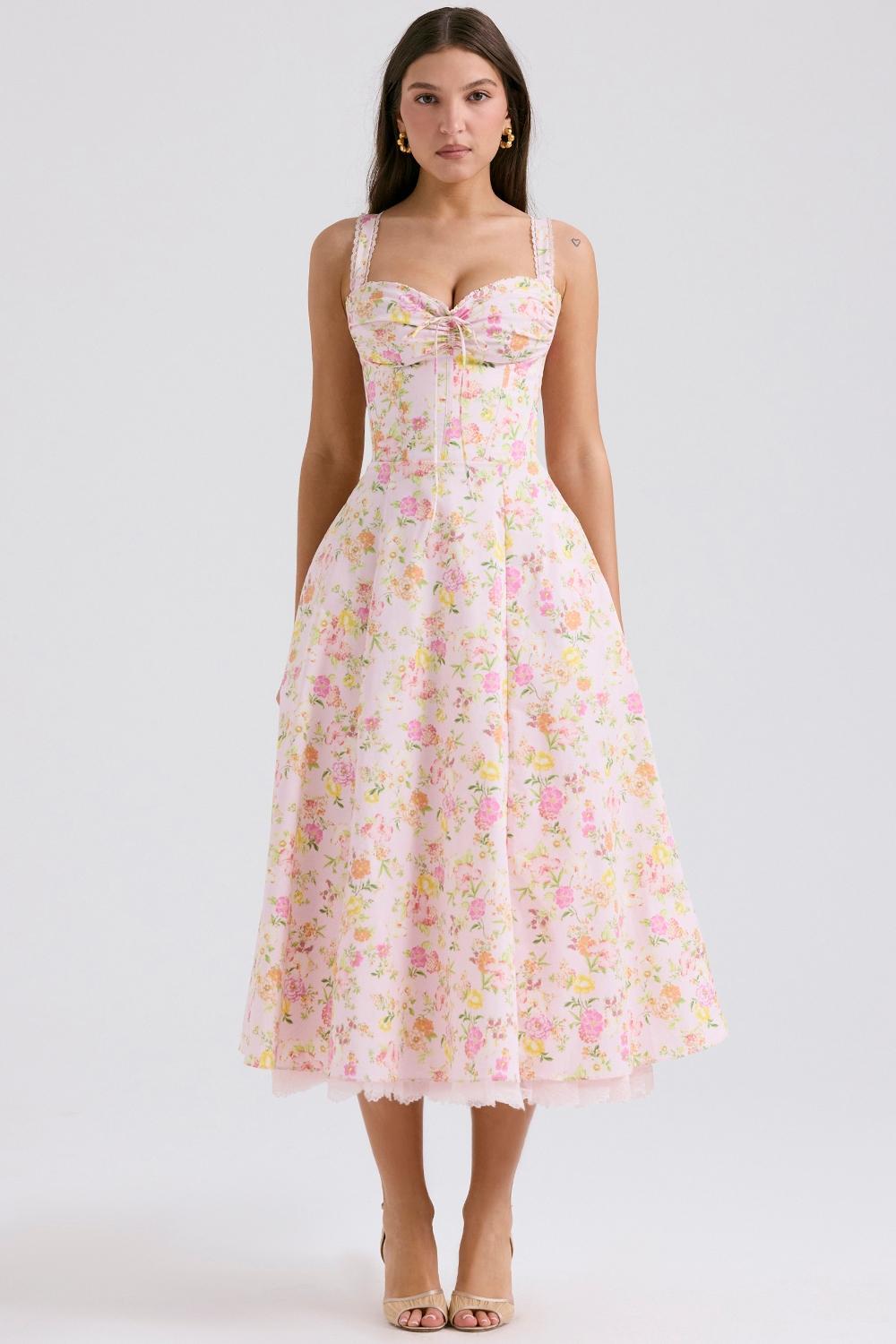 Rosalee Pink Meadow Print Cotton Bustier Sundress Product Image