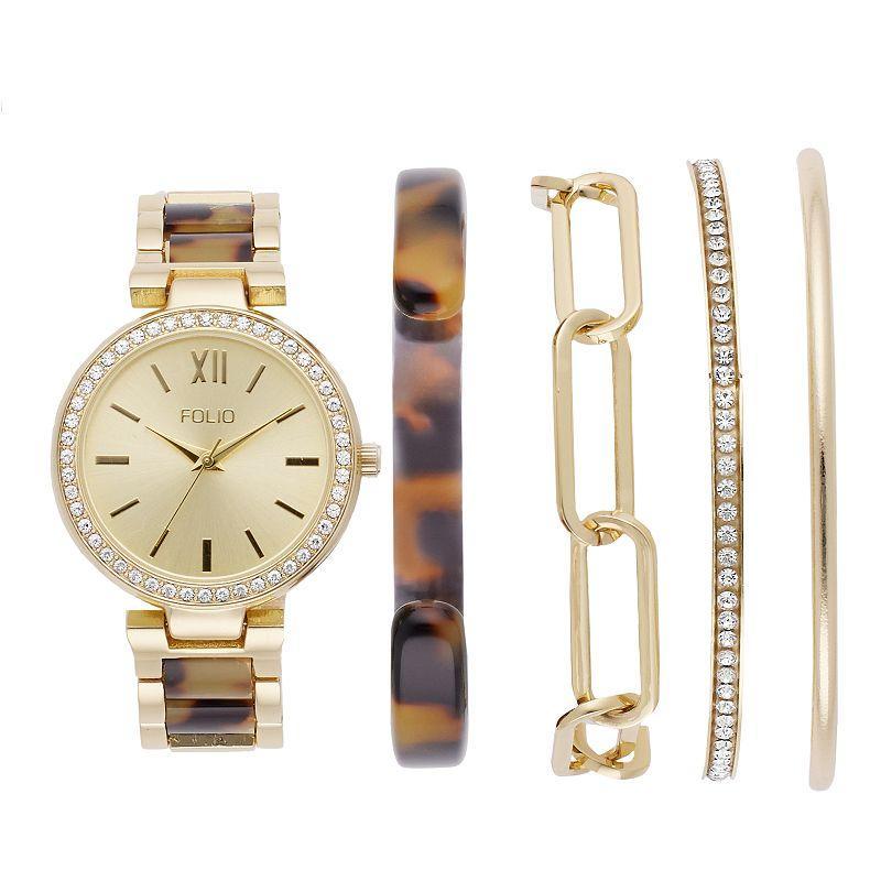 Folio Womens Gold Tone Glitz Watch & Stackable Bangle Bracelet Set Product Image