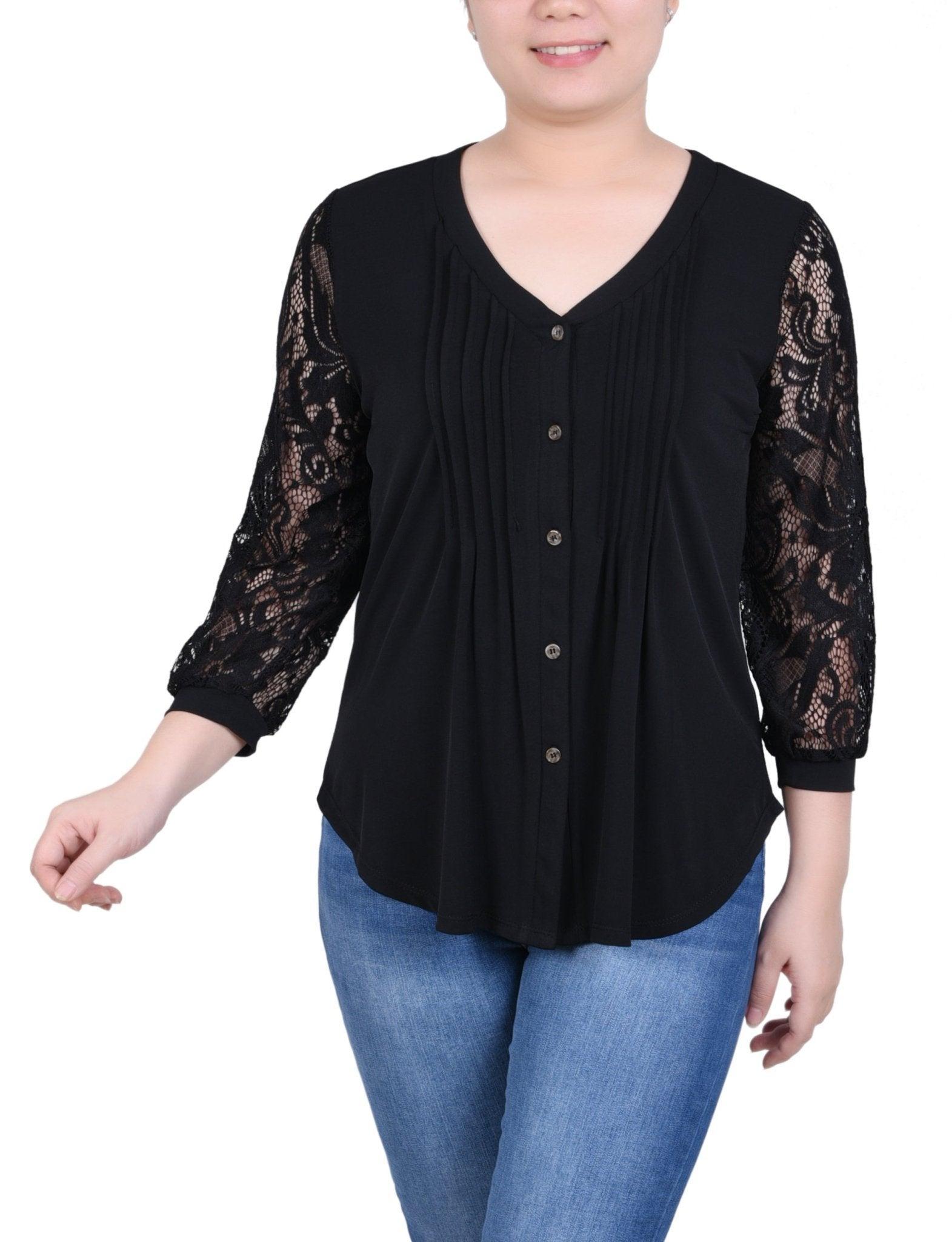 Lace-Sleeve V Neck Top - Petite Product Image