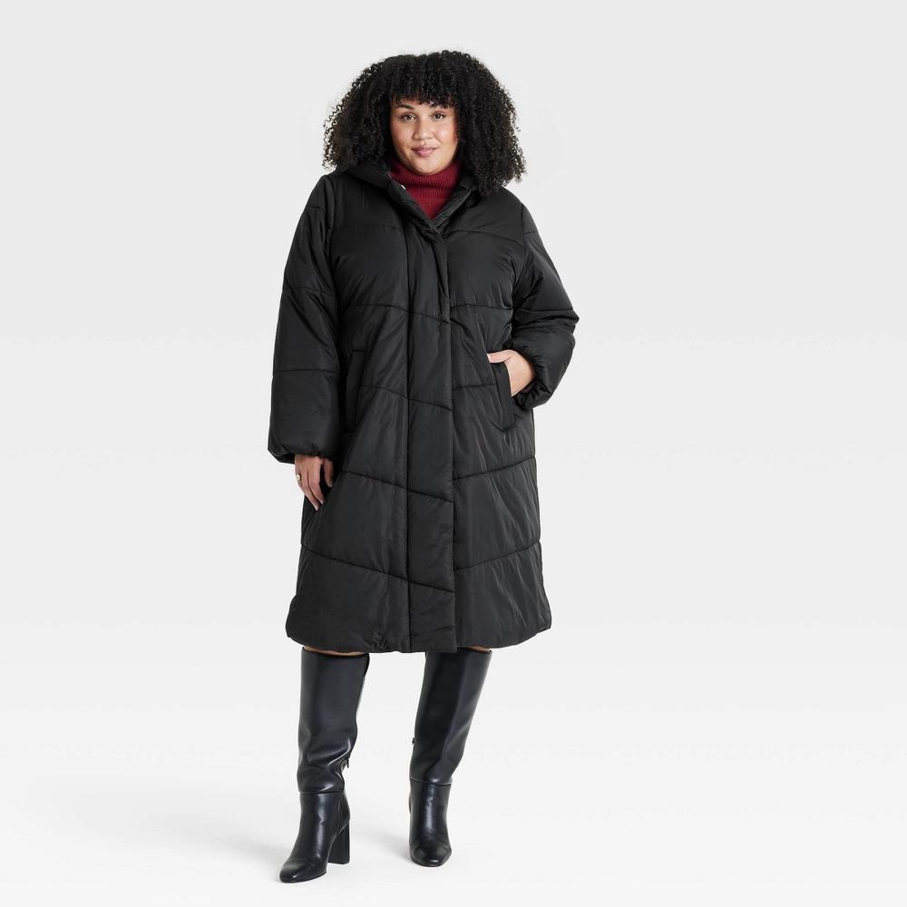 Womens Long Puffer Jacket - Ava & Viv Black 1X Product Image