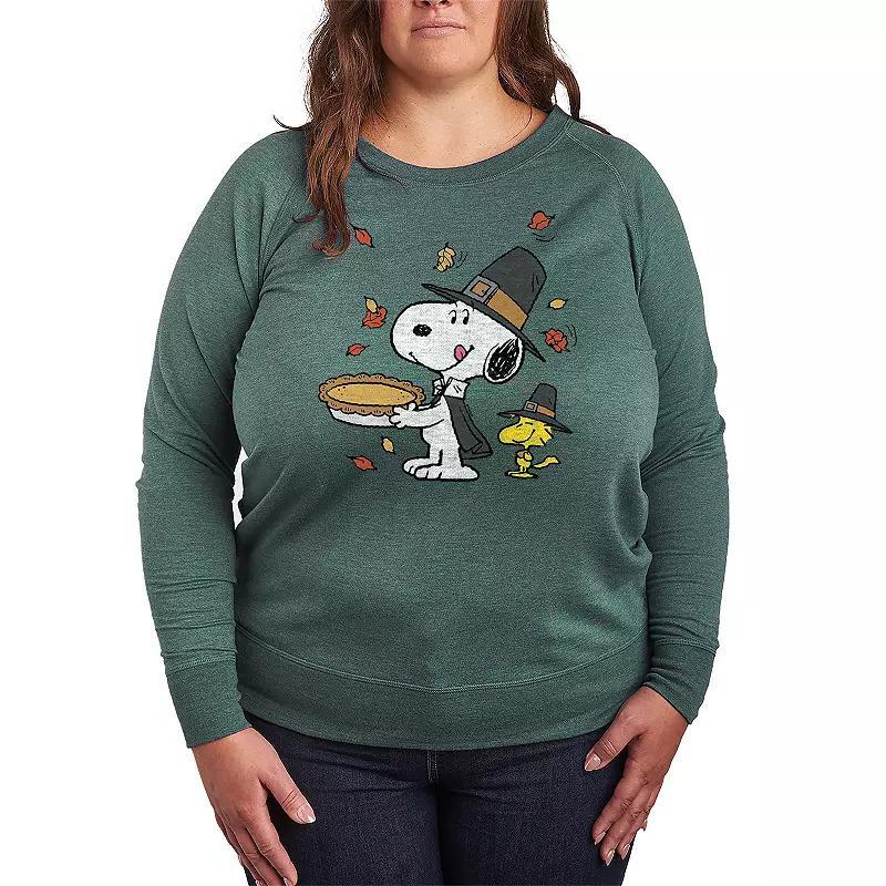 Plus Size Peanuts Snoopy & Woodstock Thanksgiving Lightweight French Terry Sweatshirt, Womens Grey Green Product Image