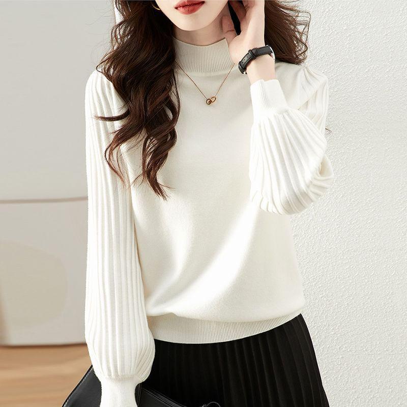 Long-Sleeve Mock Neck Plain Ribbed Knit Top Product Image