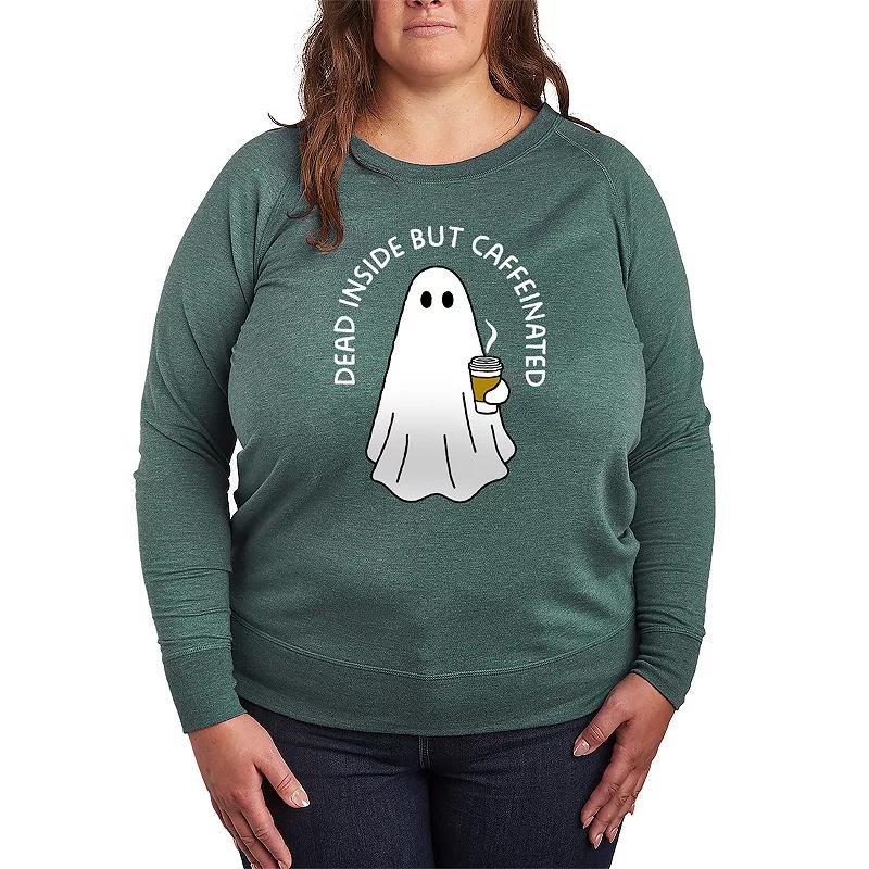 Plus Size Dead Inside Caffeinated Ghost Pullover, Womens Grey Green Product Image