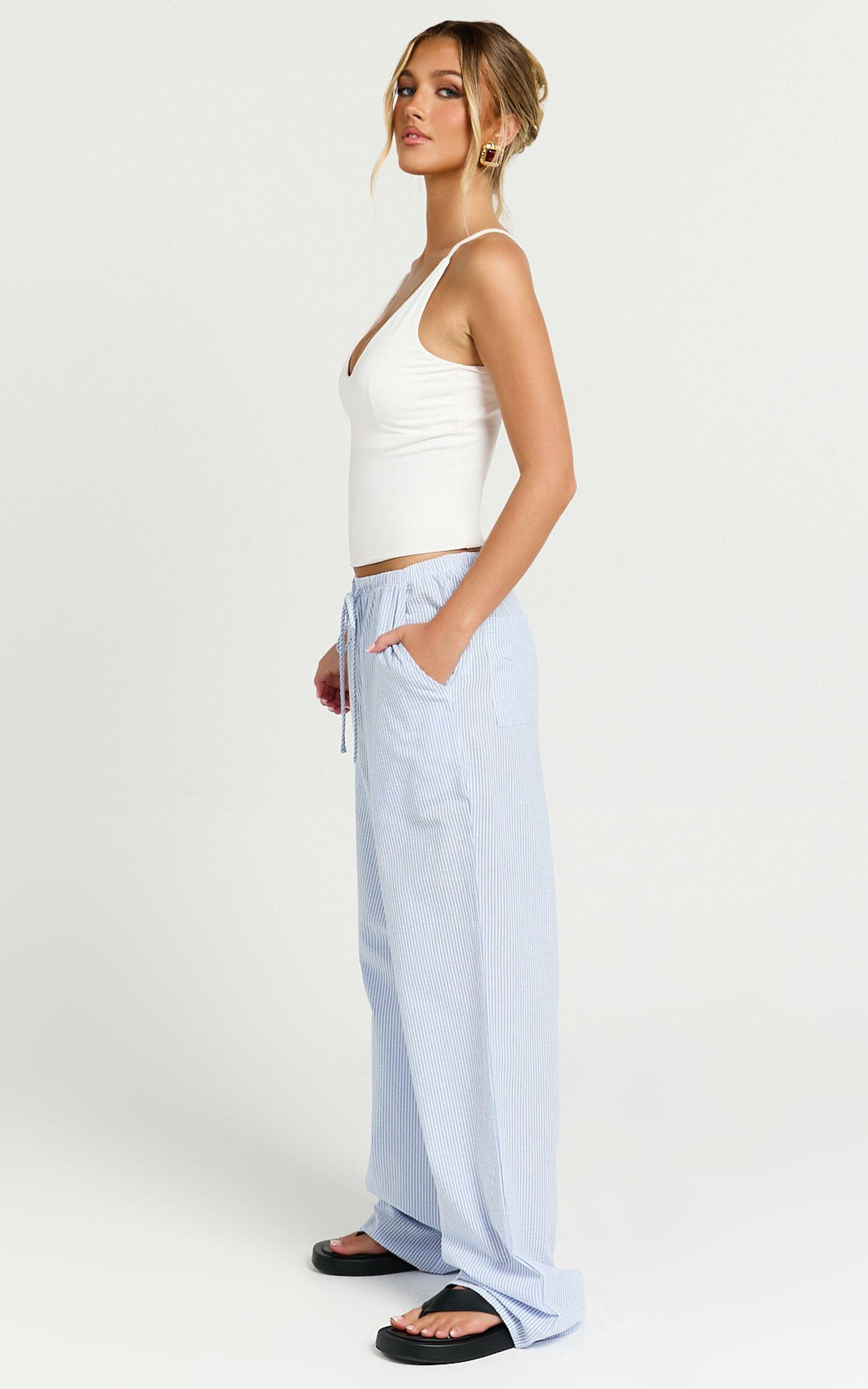 Harlo Pants - Mid Waisted Relaxed Leg Stripe Pants in Blue/ White Product Image