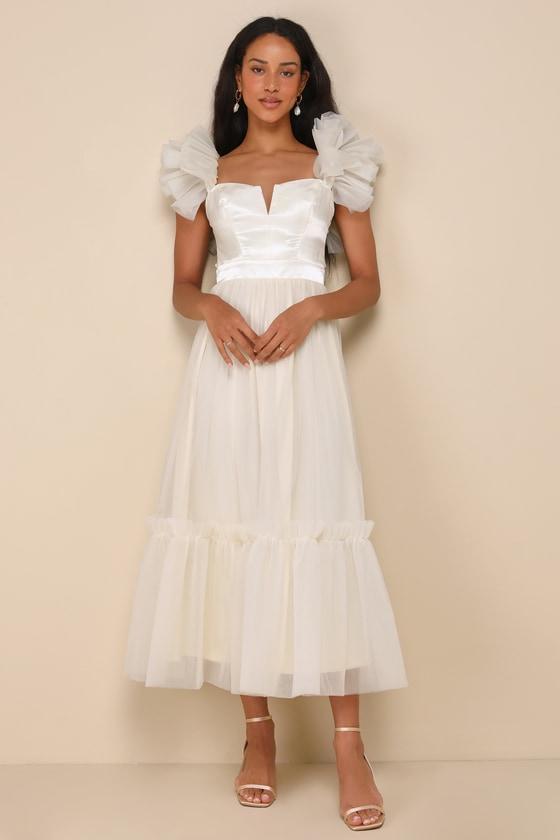 Angelic Radiance Cream Tulle Ruffled Off-the-Shoulder Midi Dress product image