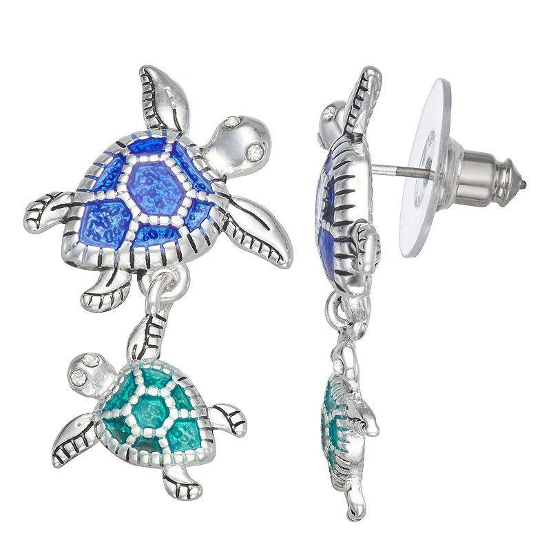 Napier Silver Tone Blue & Green Enamel Ocean World Turtle Double Drop Earrings, Womens, Multicolor Product Image