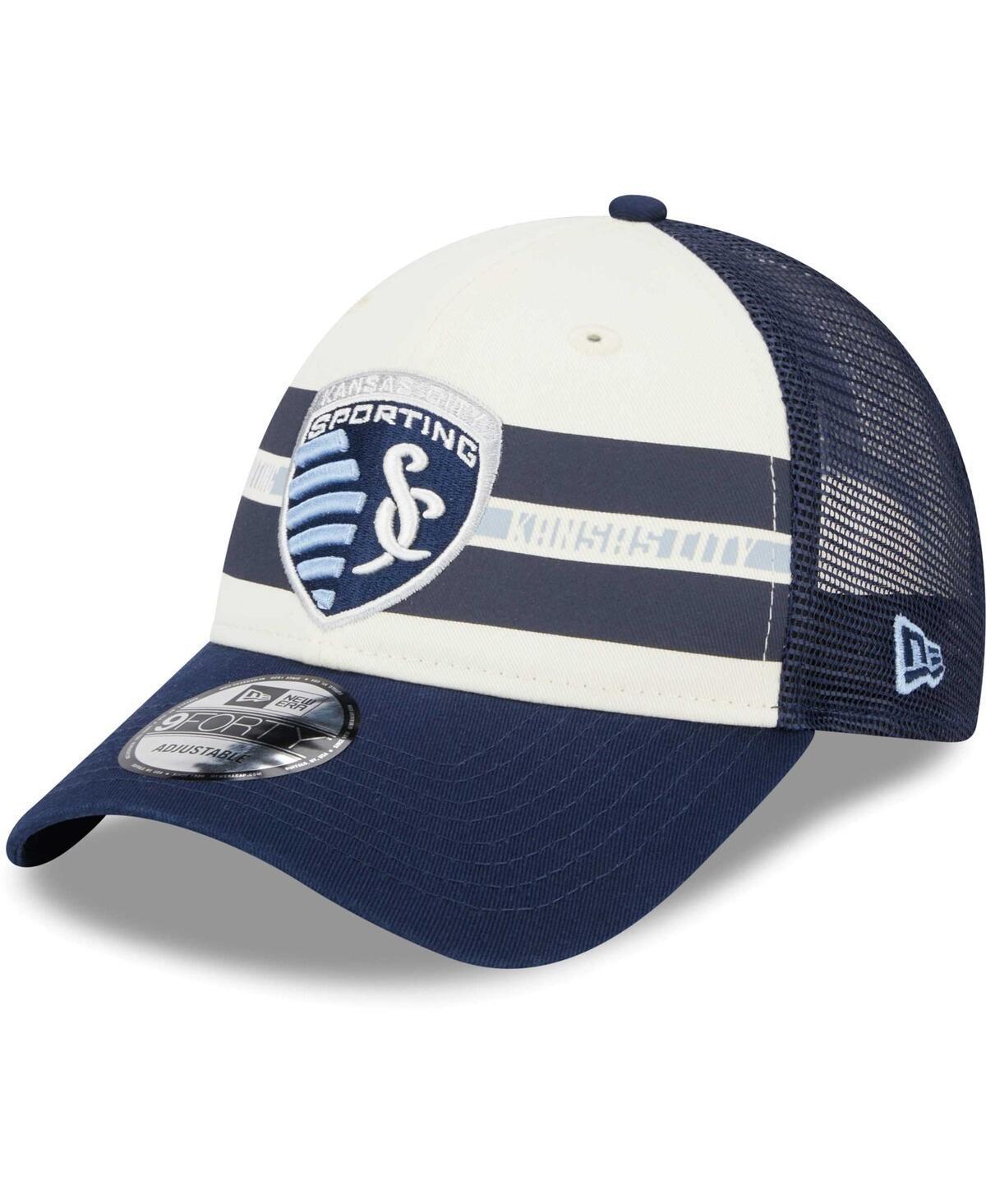 Mens New Era /Navy Sporting Kansas City Team Stripes 9FORTY Trucker Snapback Hat Product Image