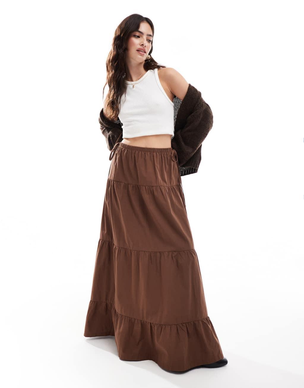 ASOS DESIGN poplin tiered maxi skirt with tie details in chocolate Product Image