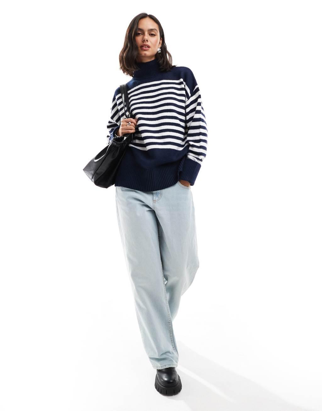 ASOS DESIGN knitted high neck sweater with turn back cuffs in navy stripe Product Image