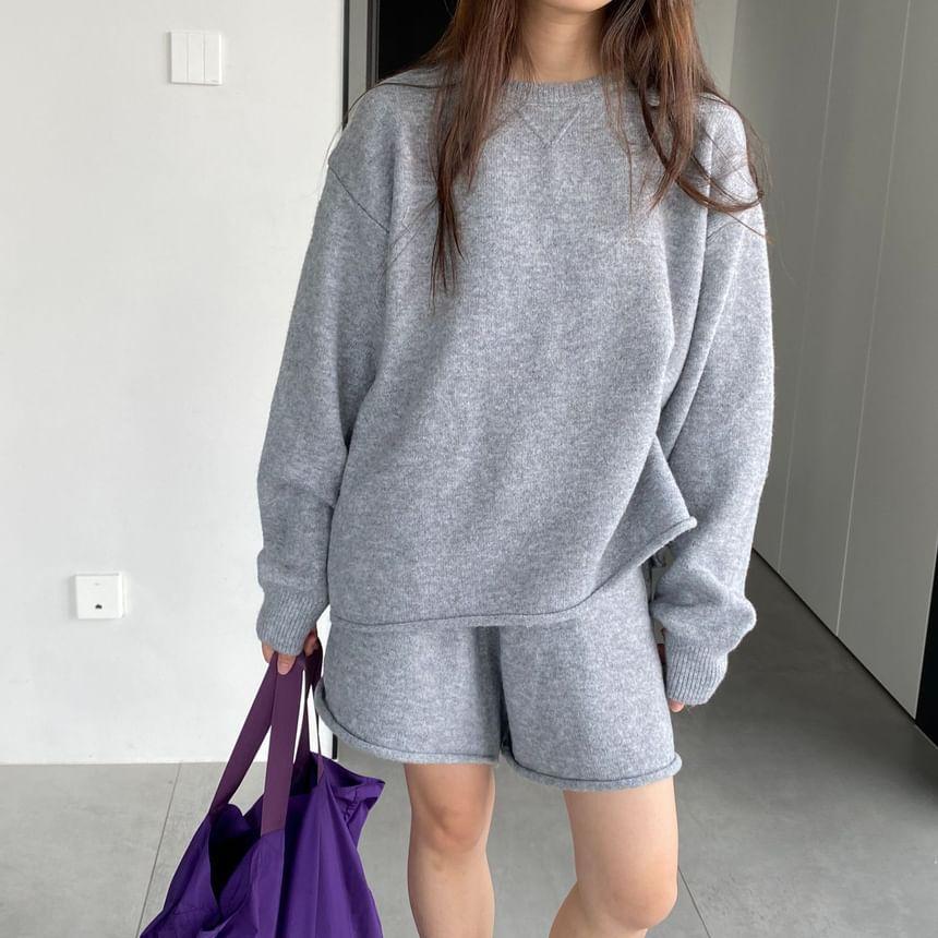 Set: Round Neck Plain Oversized Sweater + High Waist Shorts Product Image