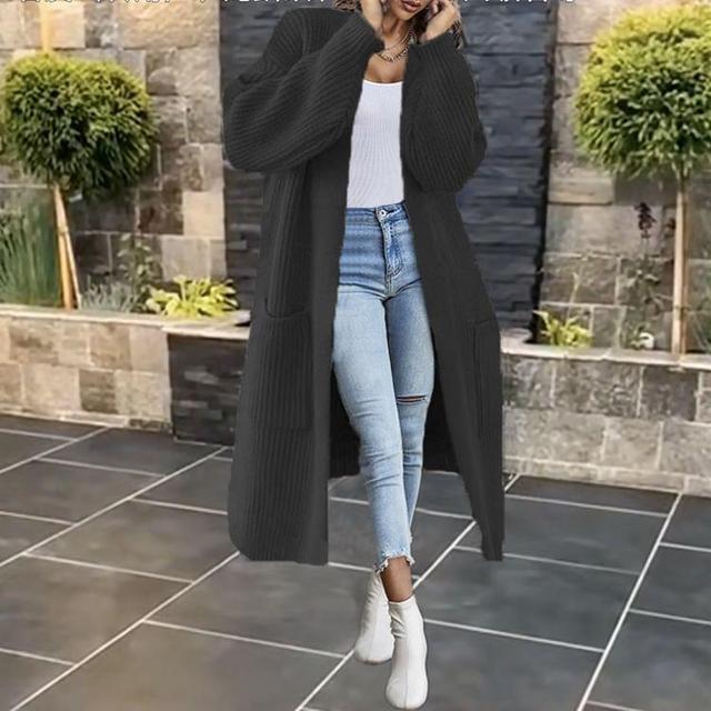 Plain Ribbed Open Front Long Cardigan Product Image