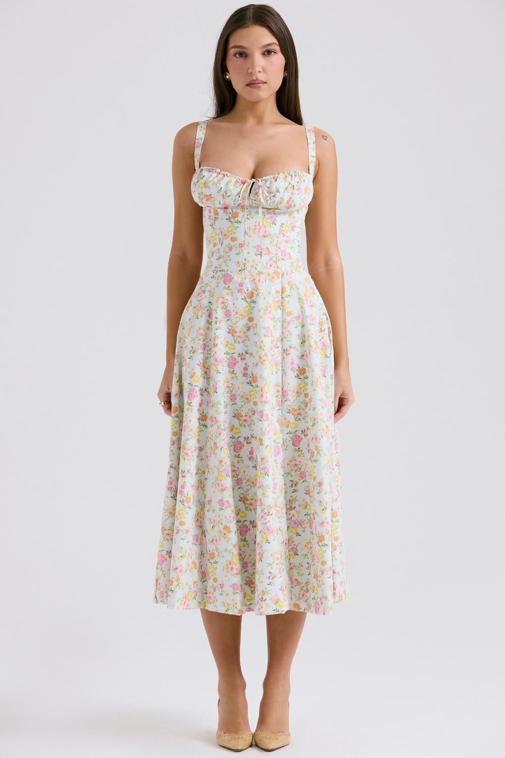 Carmen Pale Blue Meadow Print Cotton Bustier Sundress Product Image