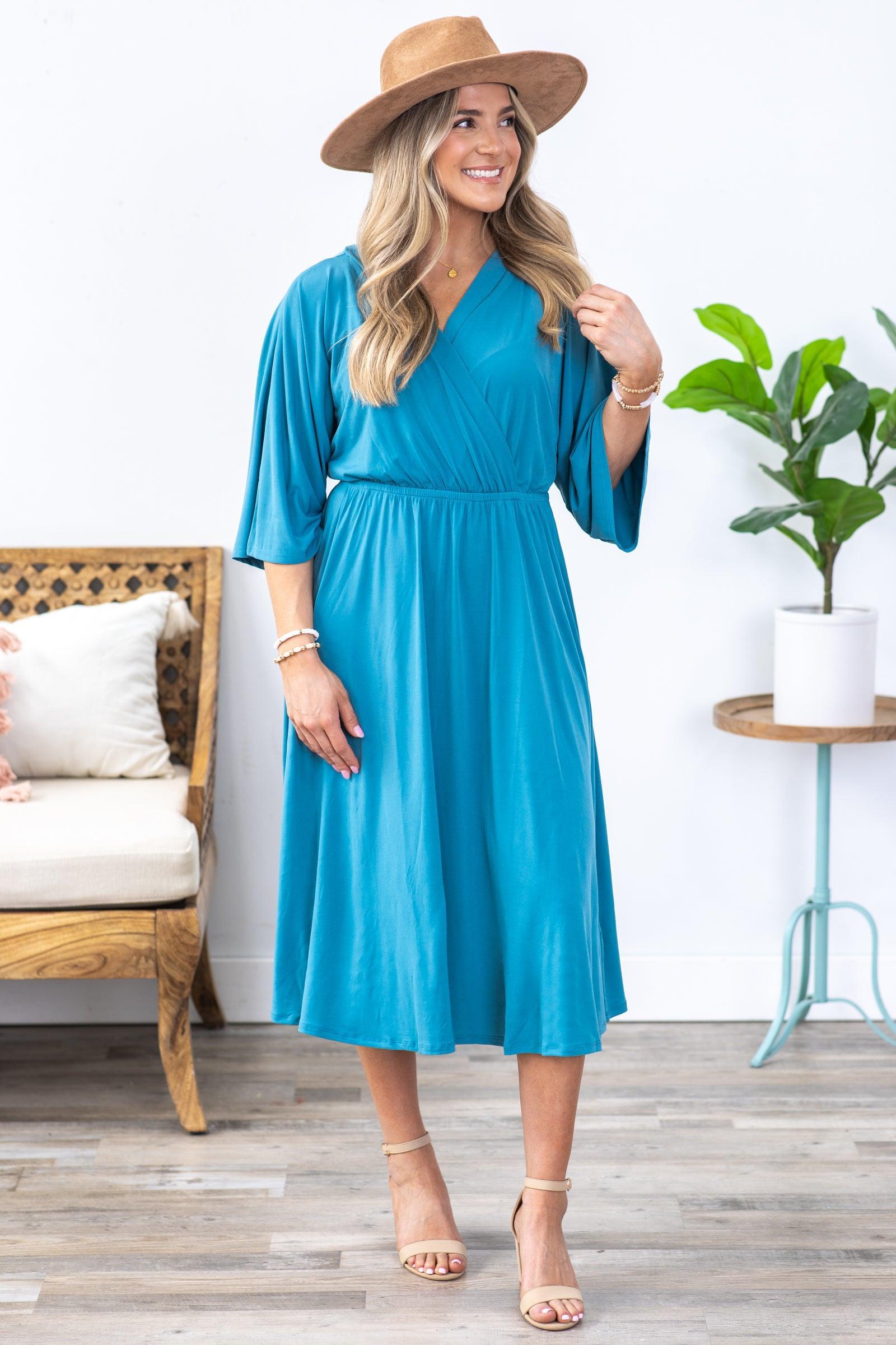 Dusty Teal Surplice Midi Dress Product Image