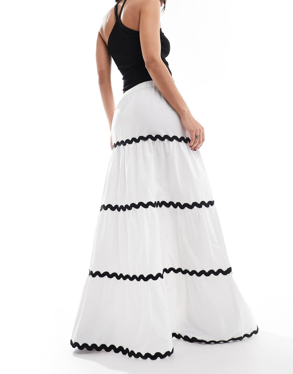 ASOS DESIGN tiered maxi skirt with rick rack detail in white Product Image