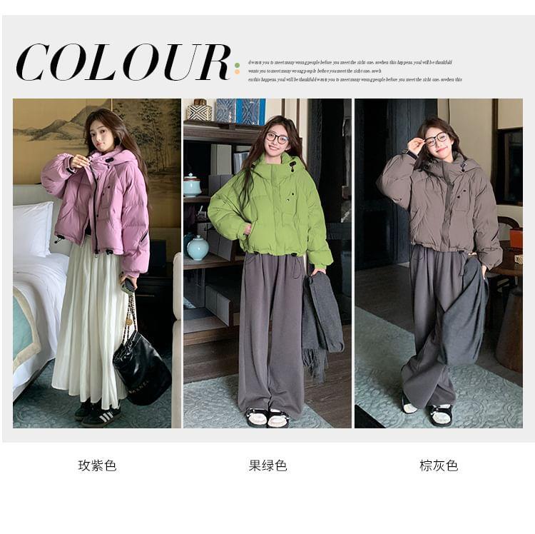 Hooded Zip-Up Plain Crop Puffer Jacket Product Image