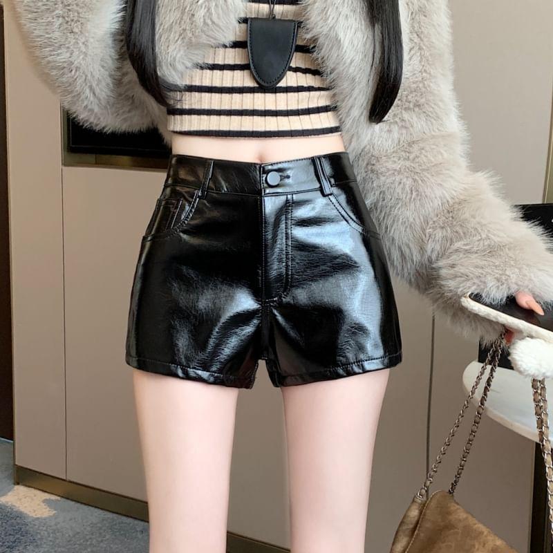 High Waist Plain Faux Leather Hot Pants Product Image