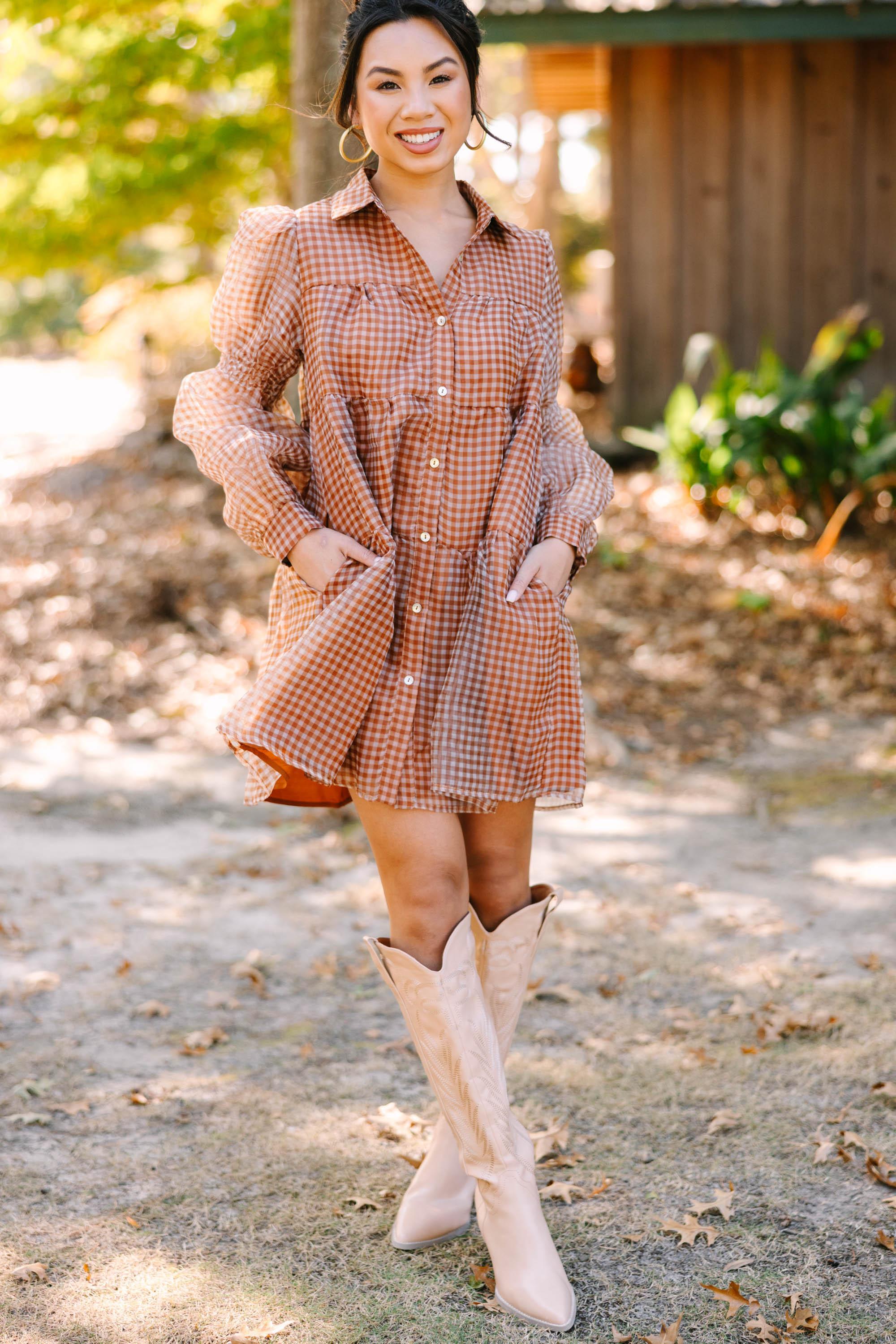 Take The Leap Butterscotch Brown Plaid Dress Female Product Image