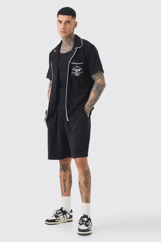 Tall Embroidered Towelling Shirt & Short Set In Black | boohooMAN USA Product Image