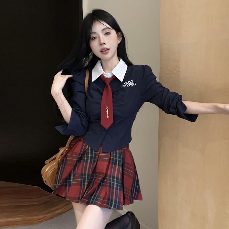 Long-Sleeve Lettering Shirt / Plaid Mini Pleated Skirt / Tie / Set Product Image