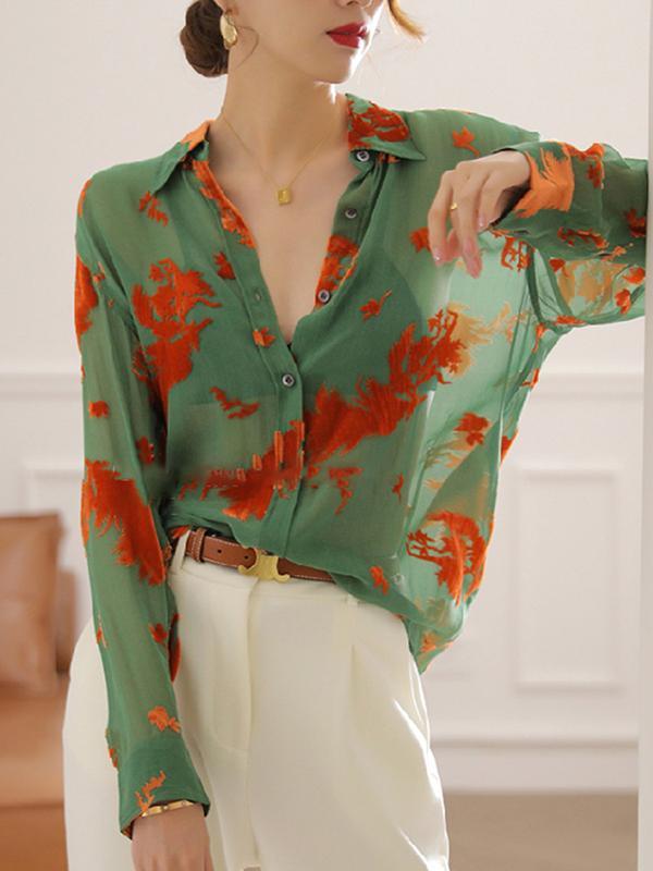 Long Sleeves Printed See-Through Lapel Blouses&Shirts Tops Product Image