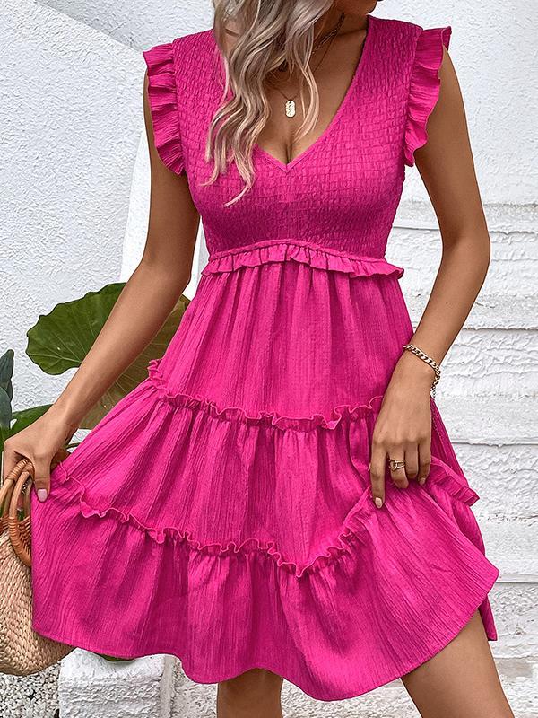 Loose Sleeveless Ruffle Trim Solid Color Split-Joint Deep V-Neck Mini Dresses Product Image