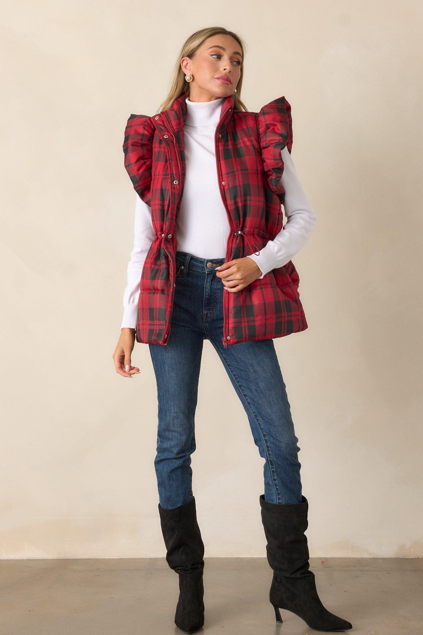 I Found You Red Plaid Flutter Sleeve Puffer Vest Product Image