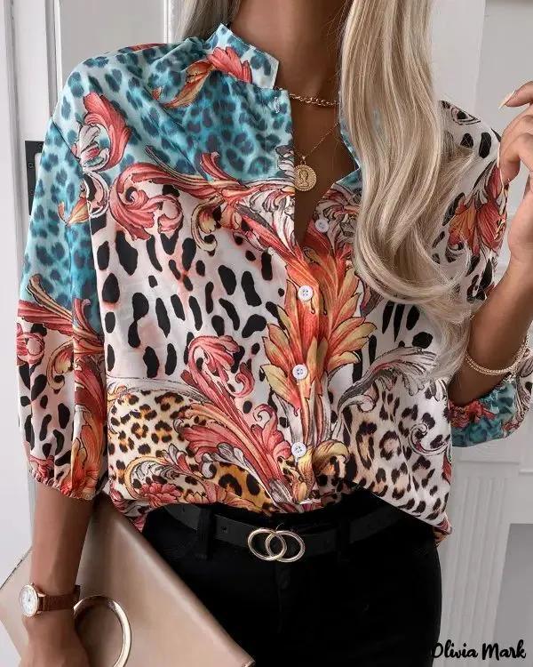 Olivia Mark – Baroque Leopard Print Button Down Long Sleeve Shirt Product Image