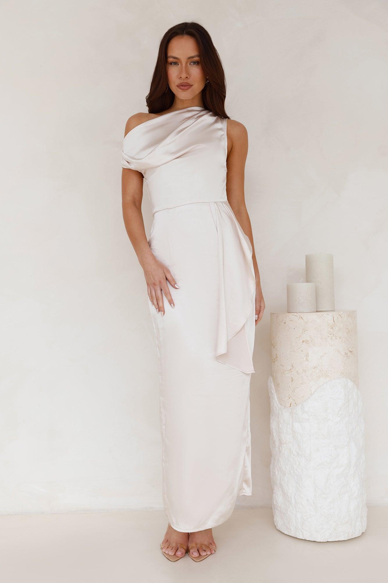 Satin Whisper Off Shoulder Maxi Dress Champagne Product Image