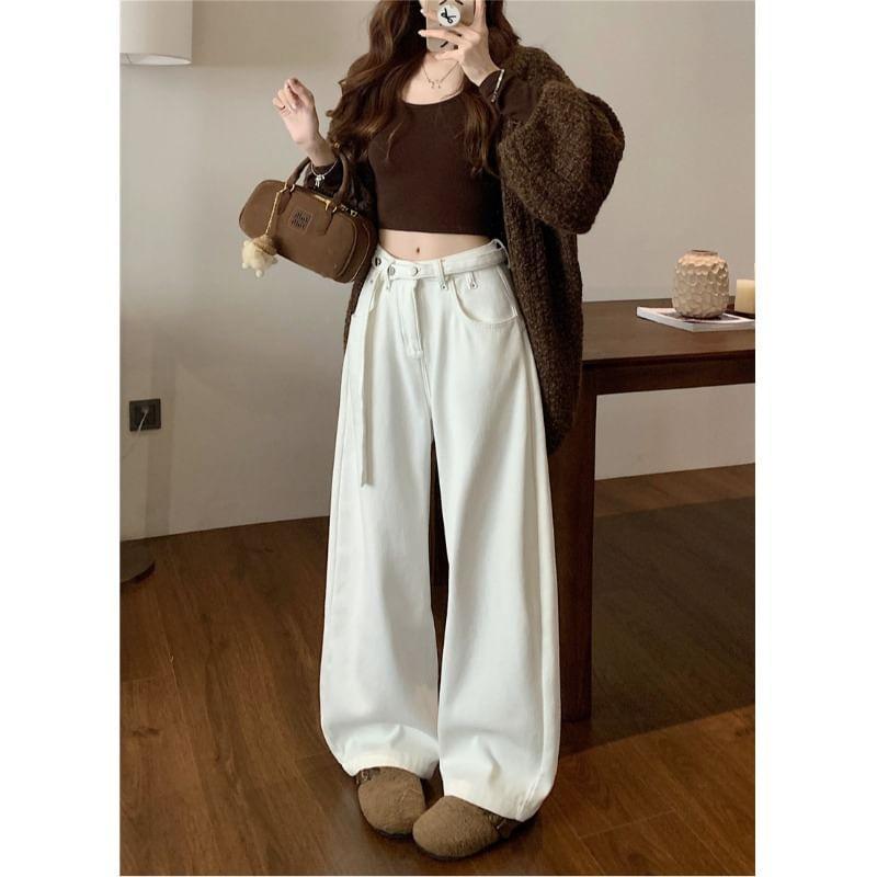 High Rise Fleece-Lined Washed Wide Leg Jeans Product Image